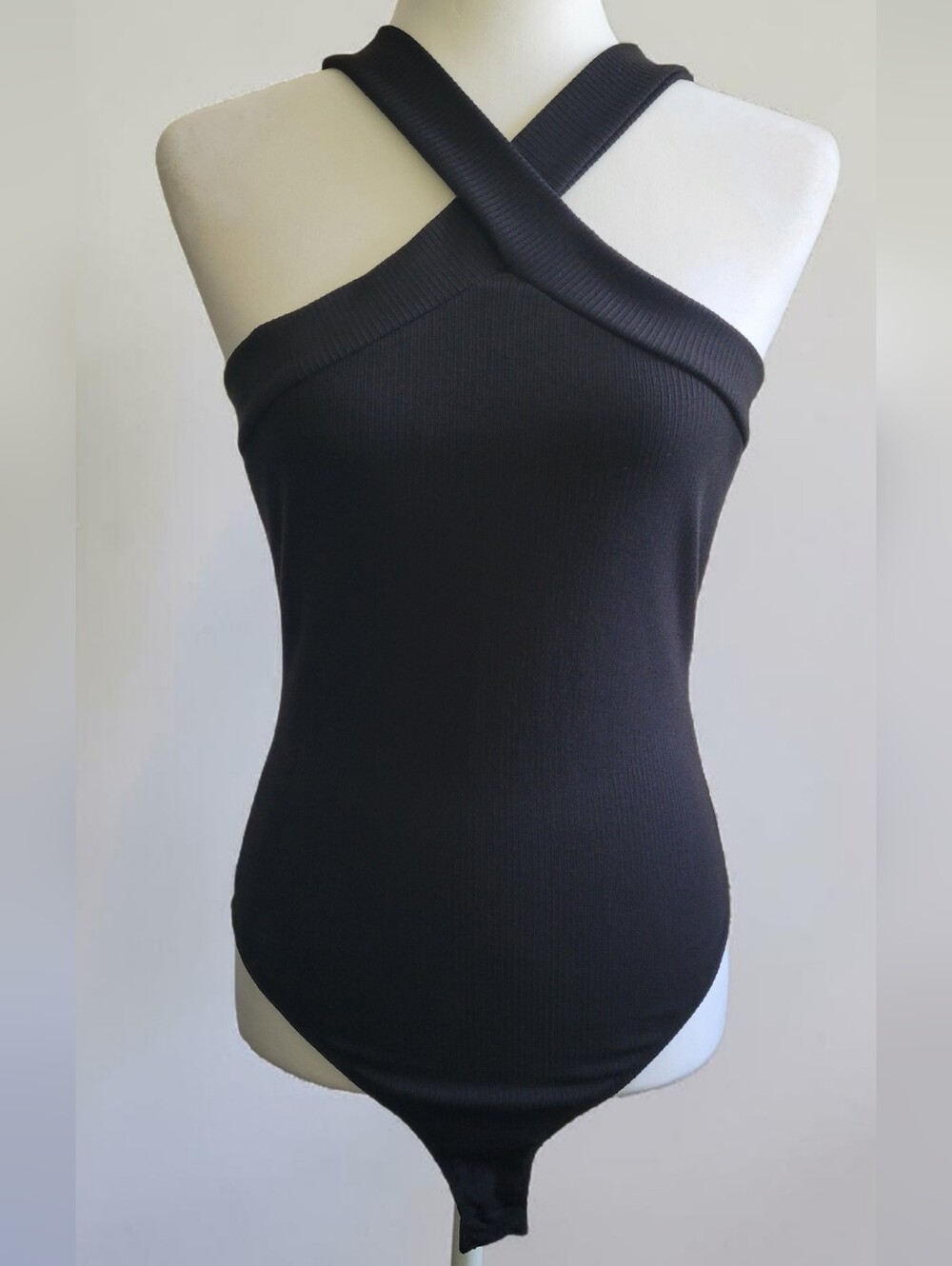 VICI Black Ribbed Crisscross Tank Bodysuit Modern Minimalist, Women's Medium